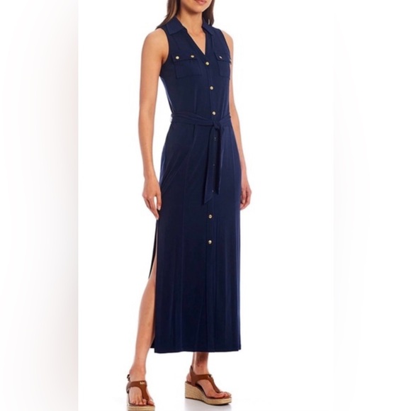 Michael Kors Midnight Blue Maxi Dress with Gold Buttons missing string belt - Picture 8 of 8